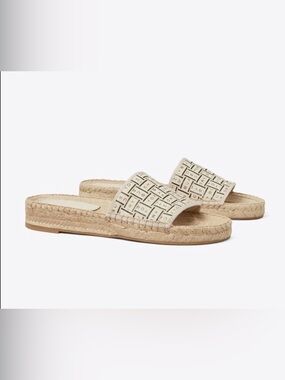 Tory Burch Espadrille Slide Sandals in Cream with Logo Print